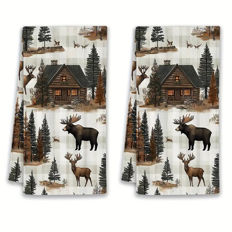 Dish Towel Log Cabin & Elk