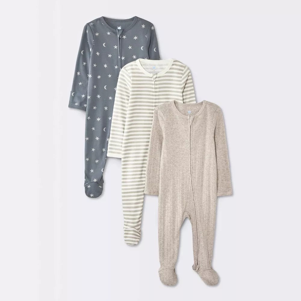 Baby 3pk Moons Long Sleeve Sleep N' Play Footed Pajamas