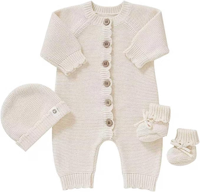Cotton Baby Sweater Knit Romper Hat Booties 3 Piece