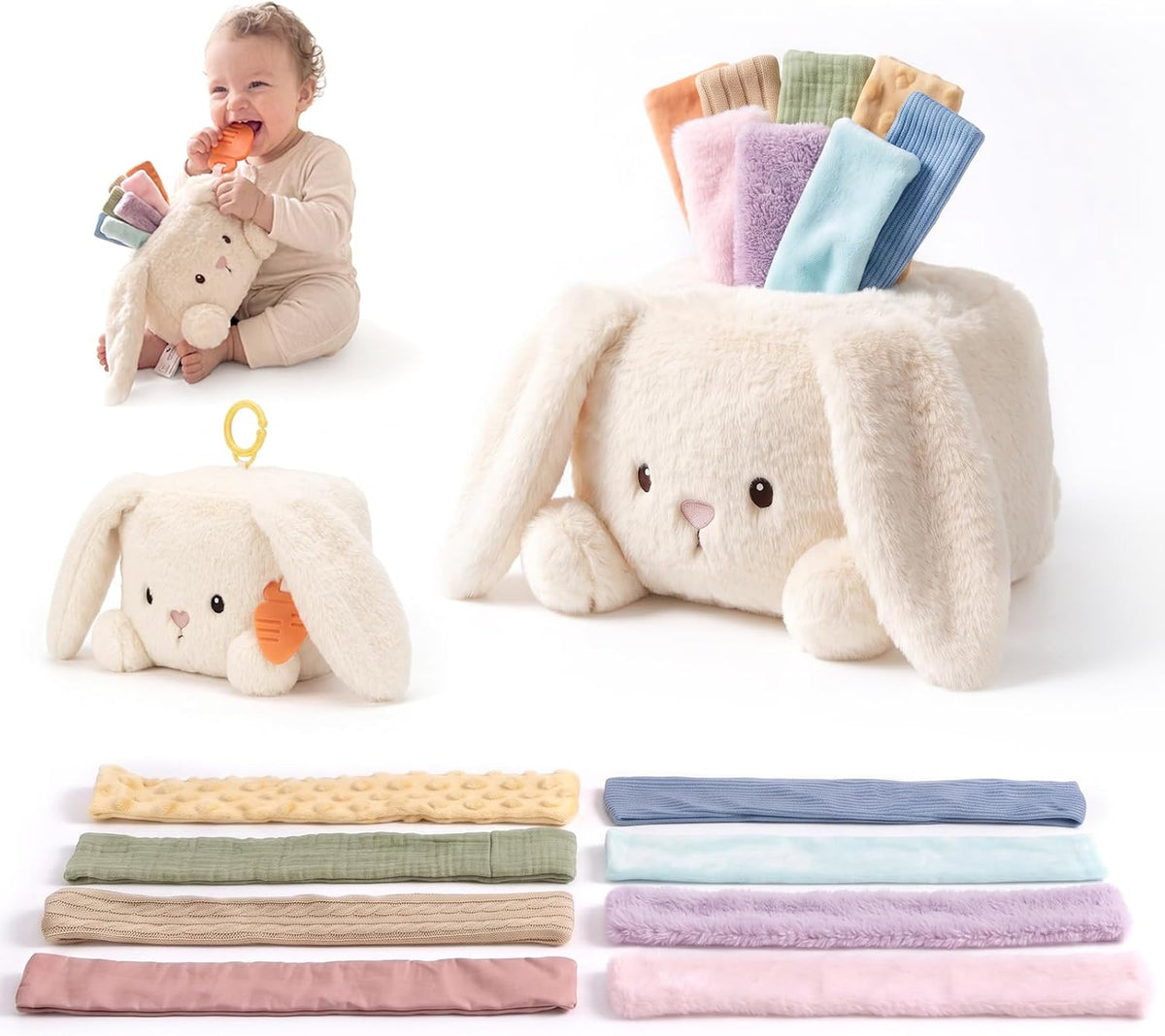 Baby Bunny Tissue Box Toy with Carrot Teether
