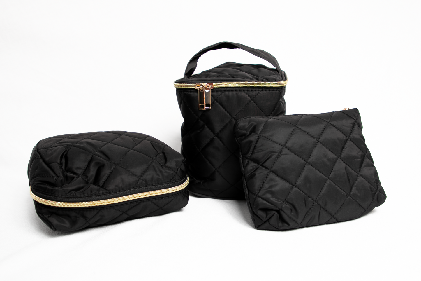 Clear Cosmetic Travel Case with 2 Diamond-Quilted Bags and Pouch - Black