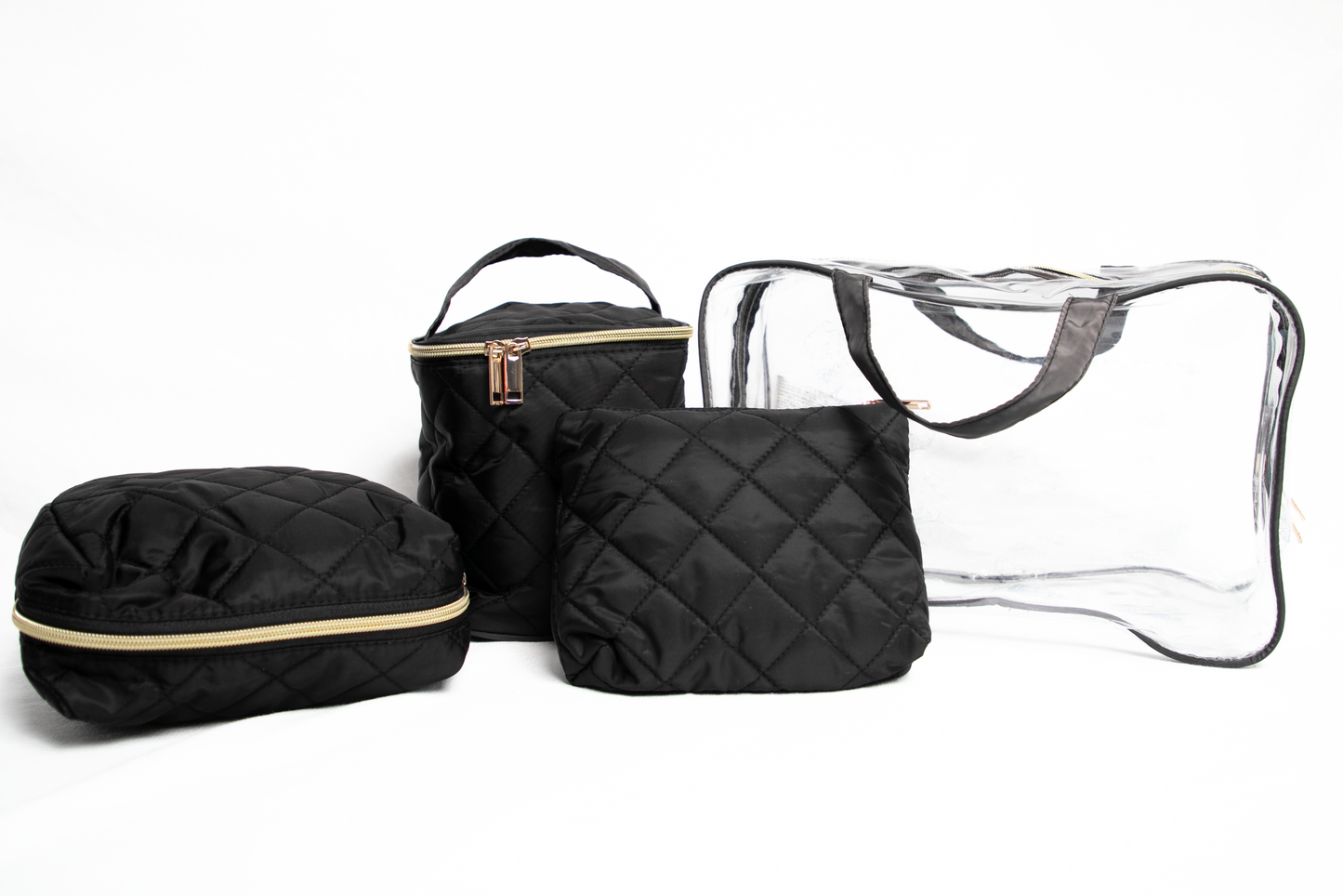 Clear Cosmetic Travel Case with 2 Diamond-Quilted Bags and Pouch - Black