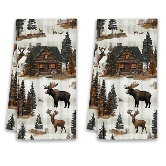 Dish Towel Log Cabin & Elk