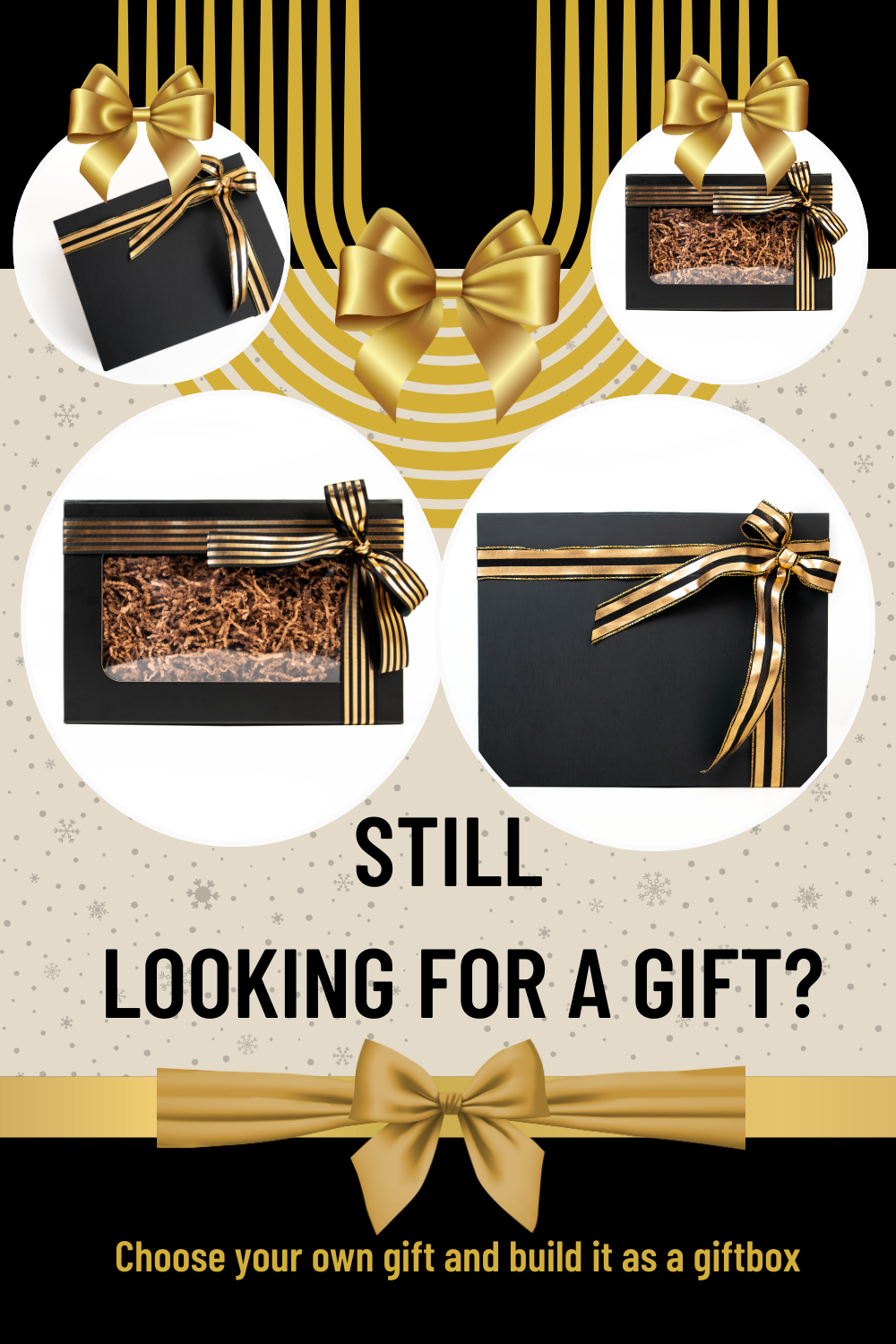 Promotional graphic for building a gift as a giftbox with black and gold gift boxes and ribbons.