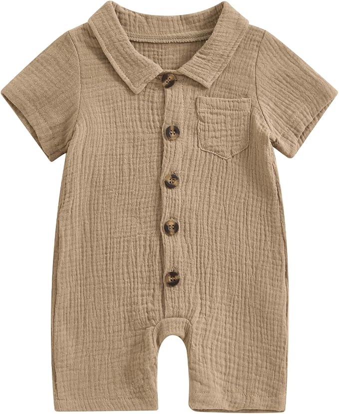 Honganda Baby Boys' Cotton Linen Short-Sleeve Button-Front Summer Romper