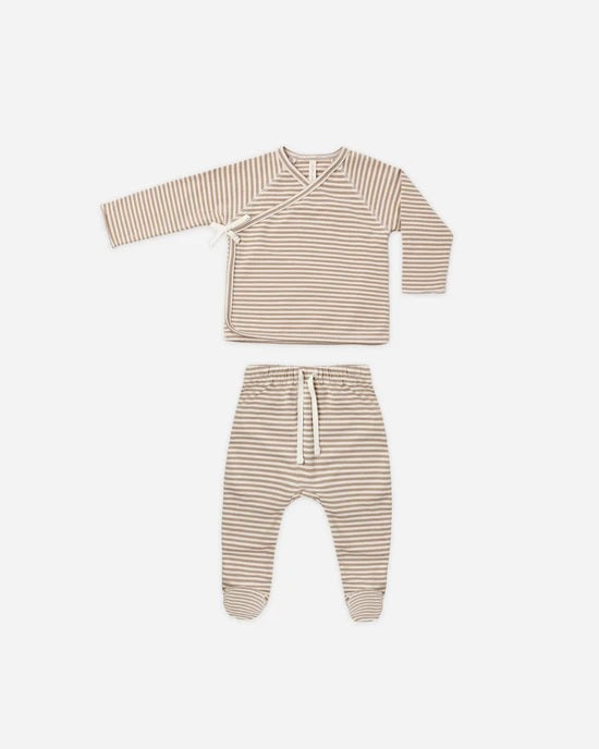 Wrap Top + Footed Pant Set Almond Stripe