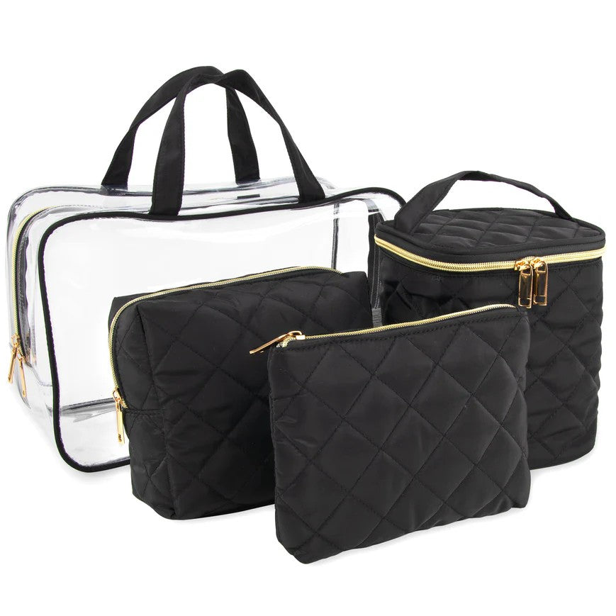 Clear Cosmetic Travel Case with 2 Diamond-Quilted Bags and Pouch - Black