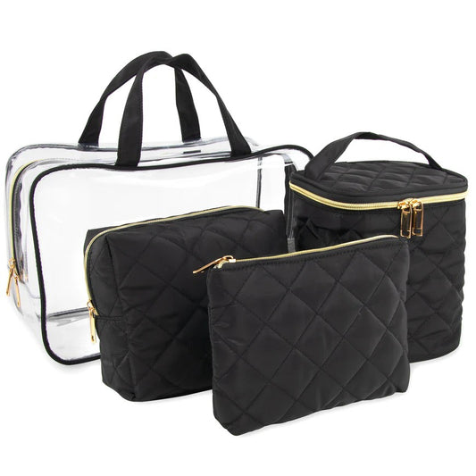 Clear Cosmetic Travel Case with 2 Diamond-Quilted Bags and Pouch - Black