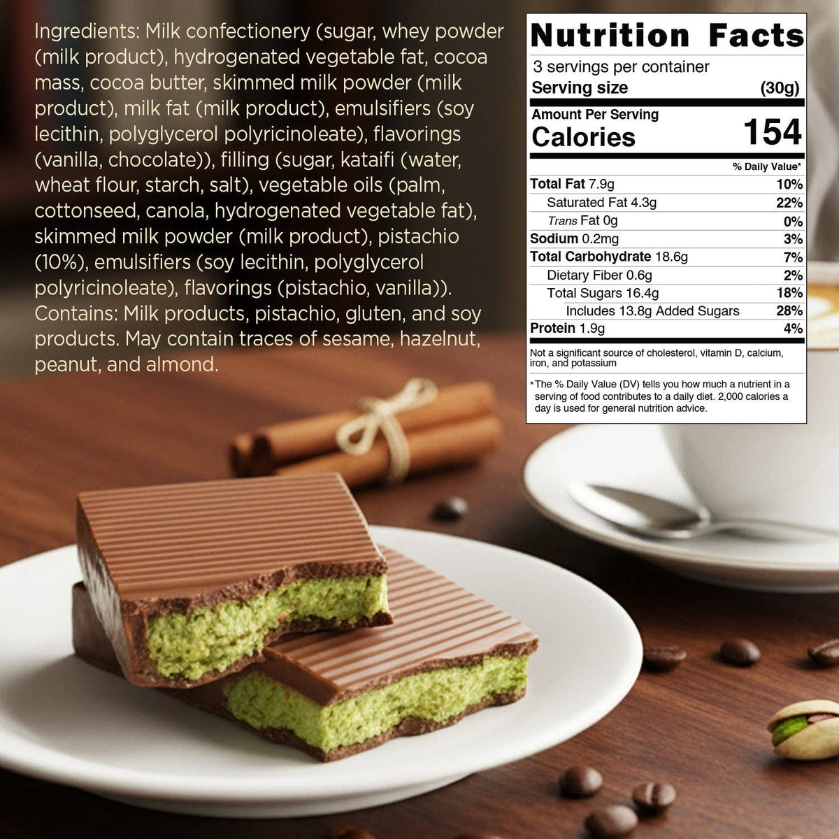 Dubai Chocolate Bar – 2.3 oz | Crunchy Kataifi & Rich European Pistachio Paste: Dubai Chocolate Bar Dark 2.30 oz